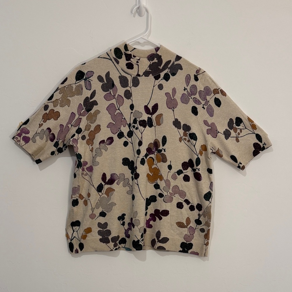 Chicos Metallic Cream Leaf Print women mock neck short sleeve sweater size L - Picture 4 of 10